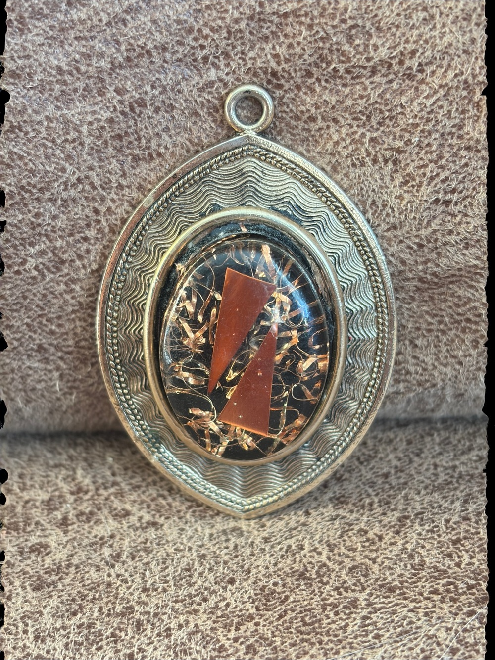 Vintage Silver-Tone Oval Pendant with Black & Copper Inlay